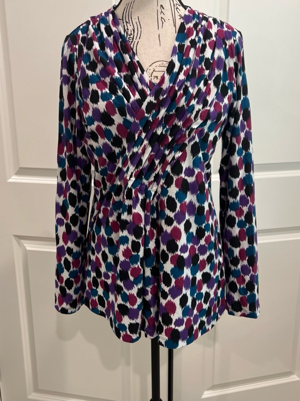 Rafaella Long-Sleeve Surplice Women's Top in Purple, Teal & Black